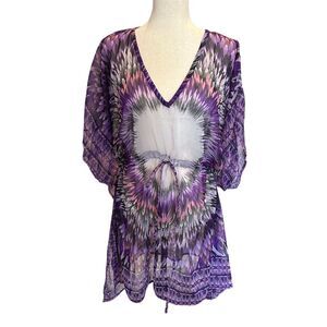 Ingear Women's Feather Print Swim Cover-Up Tunic with Drawstring